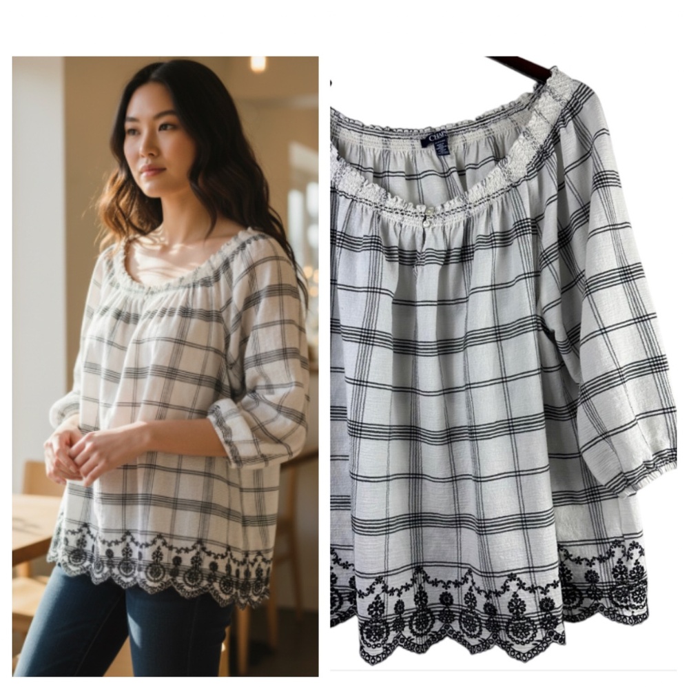Ralph Lauren Chaps 2X XXL 18 20 Shirt Top Tunic Plaid Floral White Black CHIC